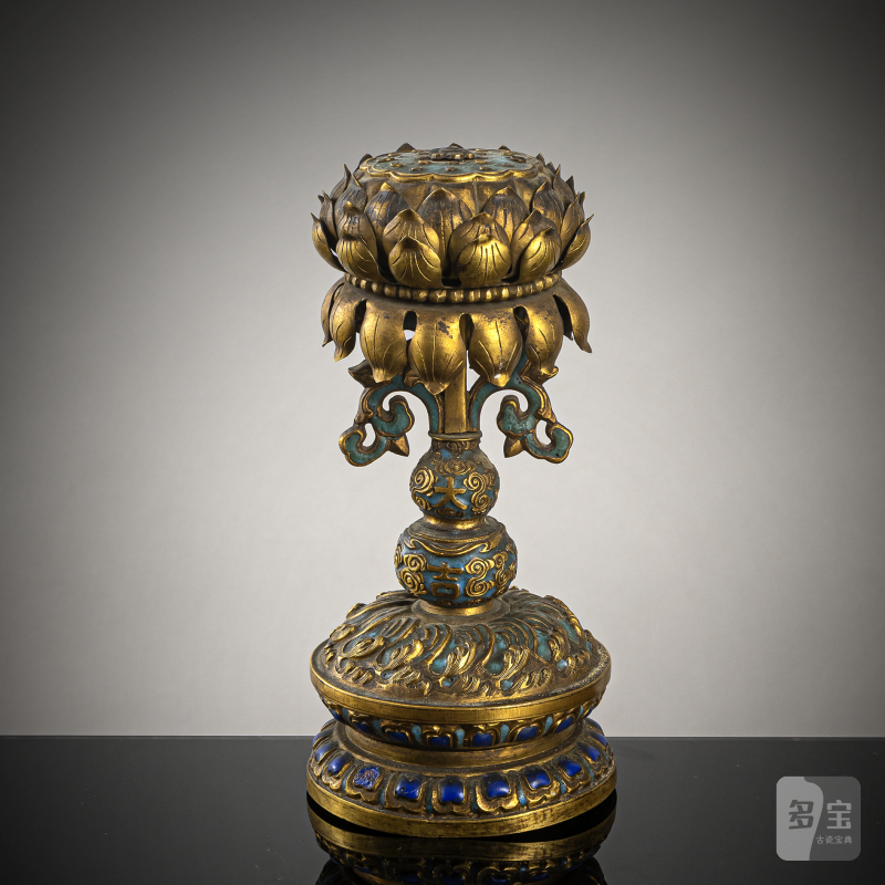 A Buddhist altar emblem made of fire-gilt copper with enamel decoration and lotus for incense sticks - 图1